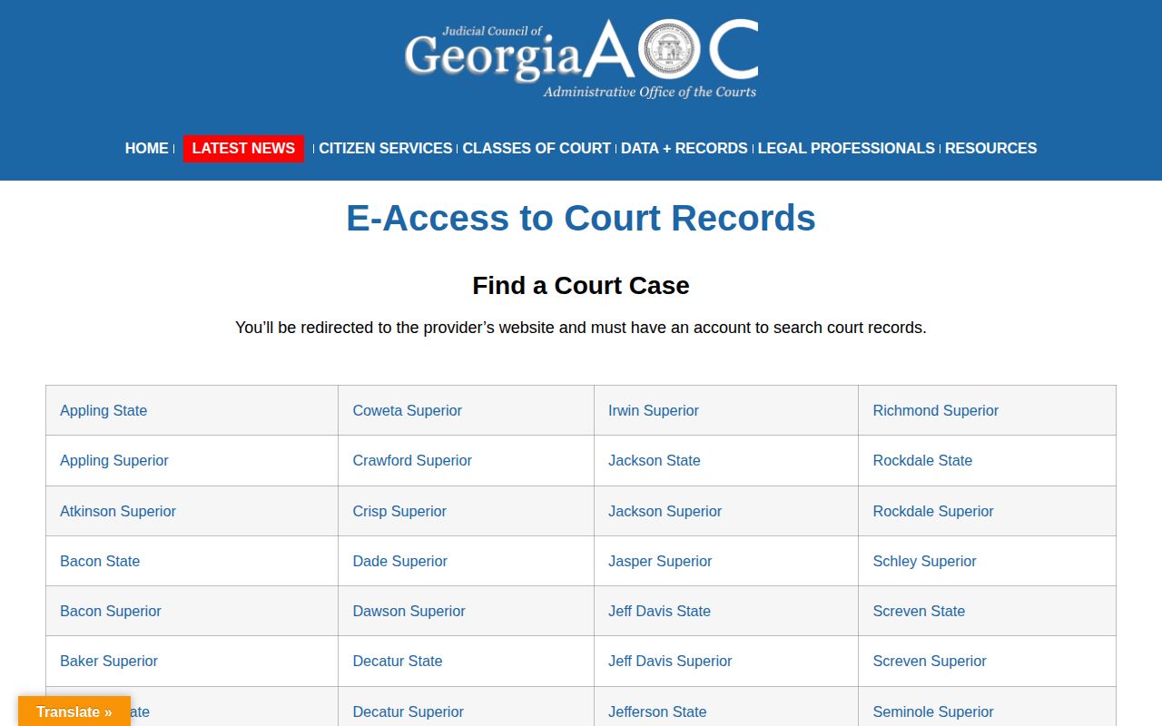 Georgia Courts e-access screen for Clinch County disposition research