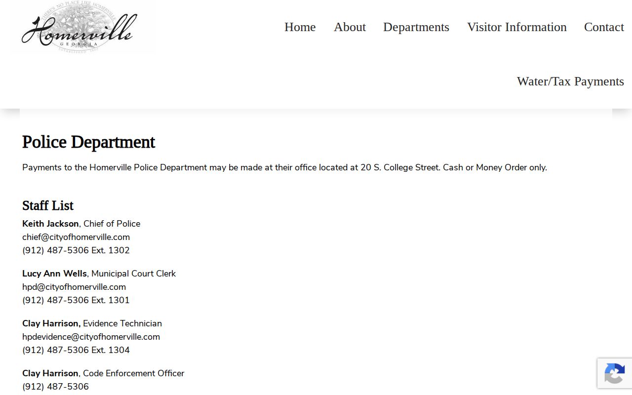 Homerville Police Department official records contact page for Clinch County arrest records